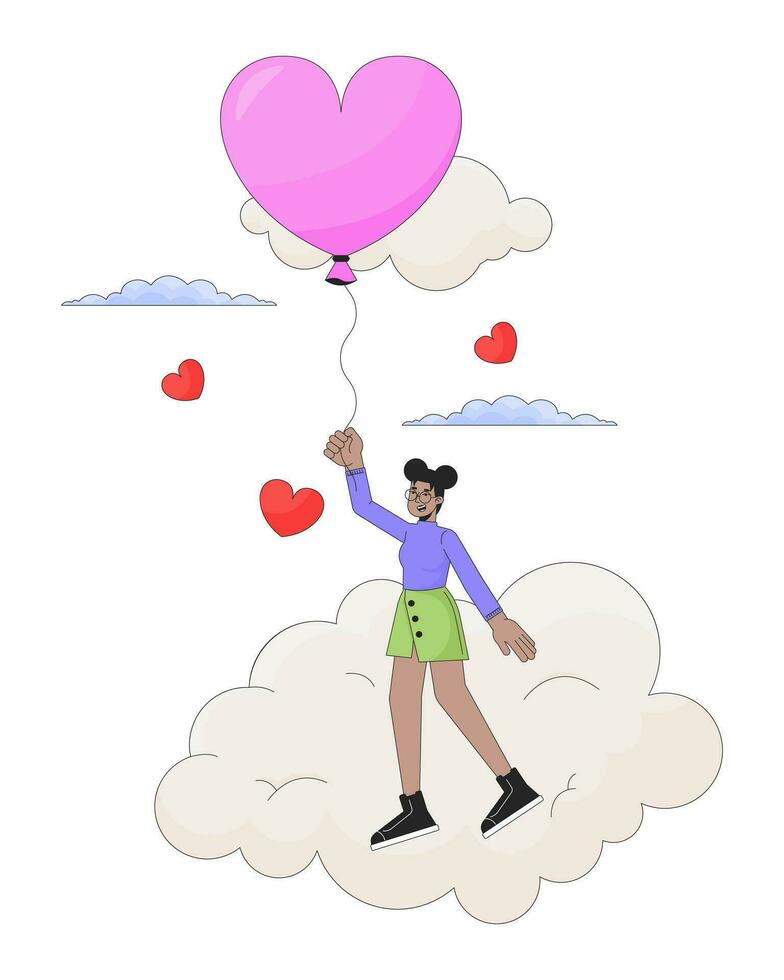 Black girl flying with balloon above clouds 2D linear cartoon character. Cloudy heart shaped baloon african american isolated line vector person white background. Dreamy color flat spot illustration