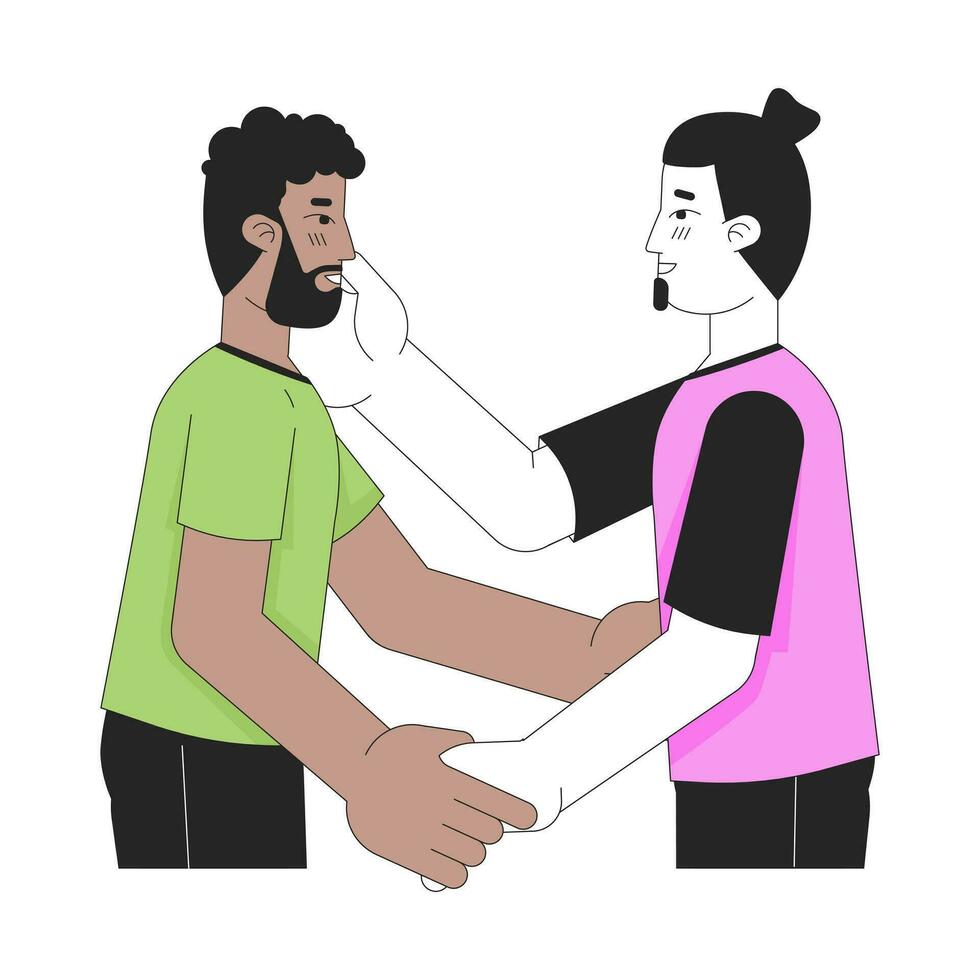 gay hombres amantes abrazo 2d lineal dibujos animados caracteres. apasionado homosexual Pareja aislado línea vector personas blanco antecedentes. yo amor tú. íntimo unión relación color plano Mancha ilustración