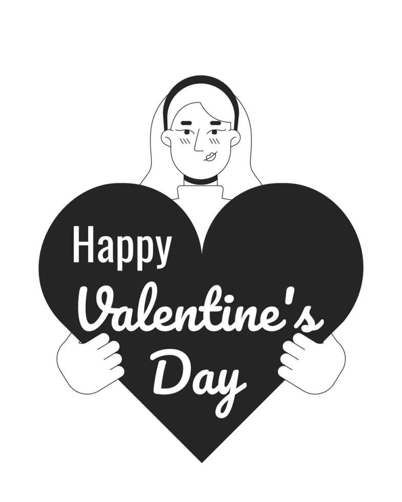 Caucasian woman wishing happy valentine day black and white 2D illustration concept. Blonde girl cartoon outline character isolated on white. 14 february romantic metaphor monochrome vector art