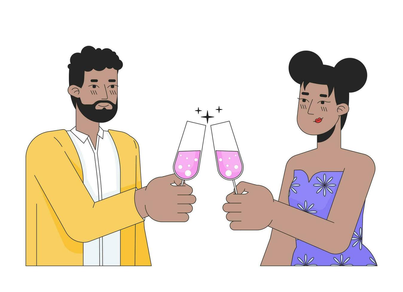 African-american couple clinking glasses 2D linear cartoon characters. Smitten girlfriend boyfriend isolated line vector people white background. Congratulations champagne color flat spot illustration