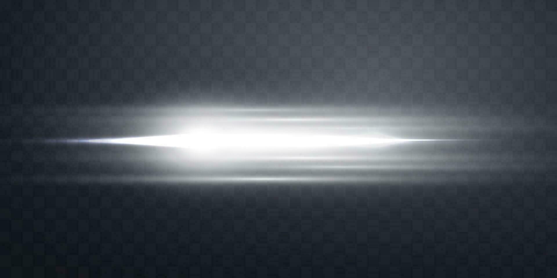 Silver horizontal lensflare. Light flash with rays or spotlight and bokeh. Silver glow flare light effect. Vector illustration.