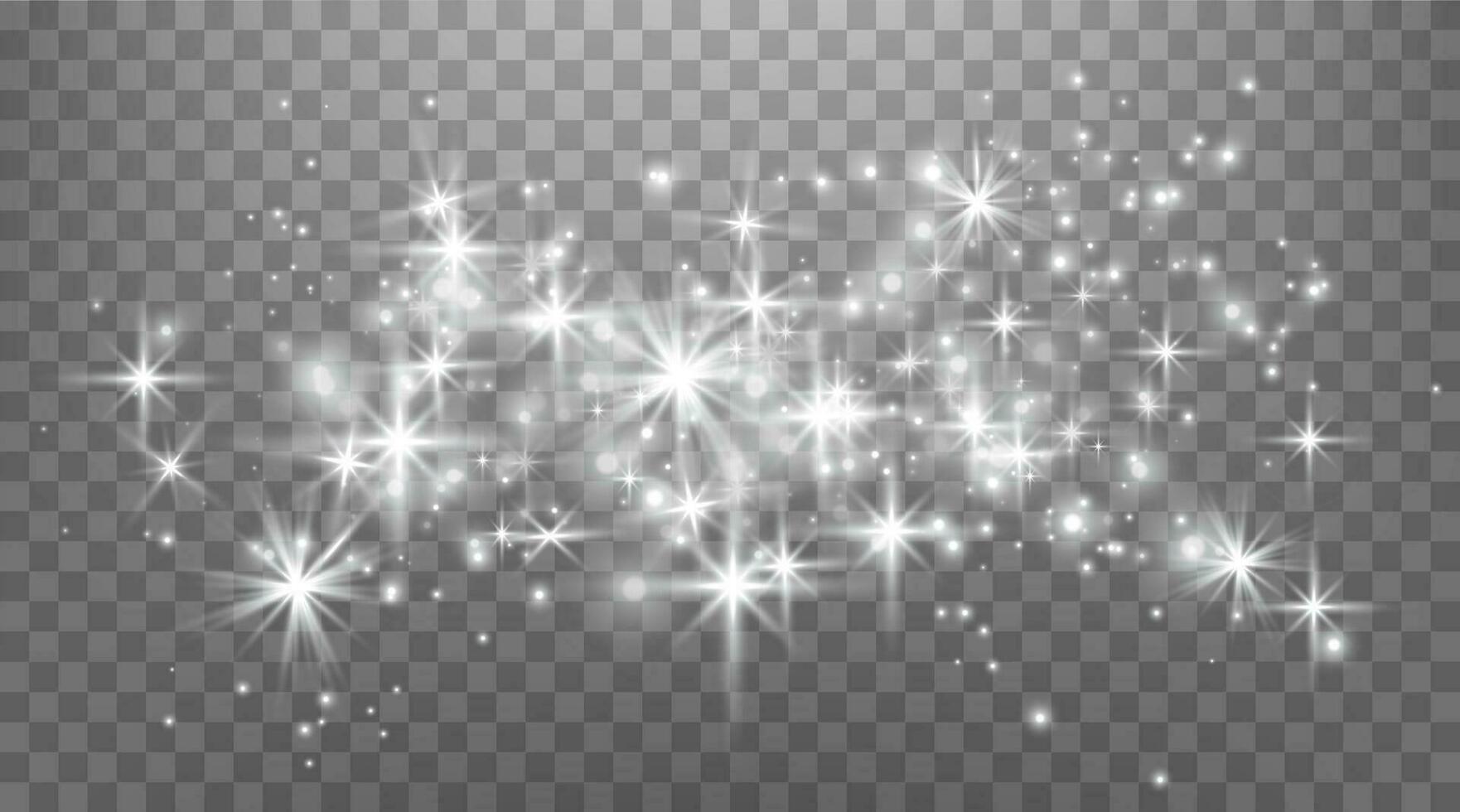 Silver magic sparks and dust stars. Silver glow flare light effect. Christmas light effect. Vector particles