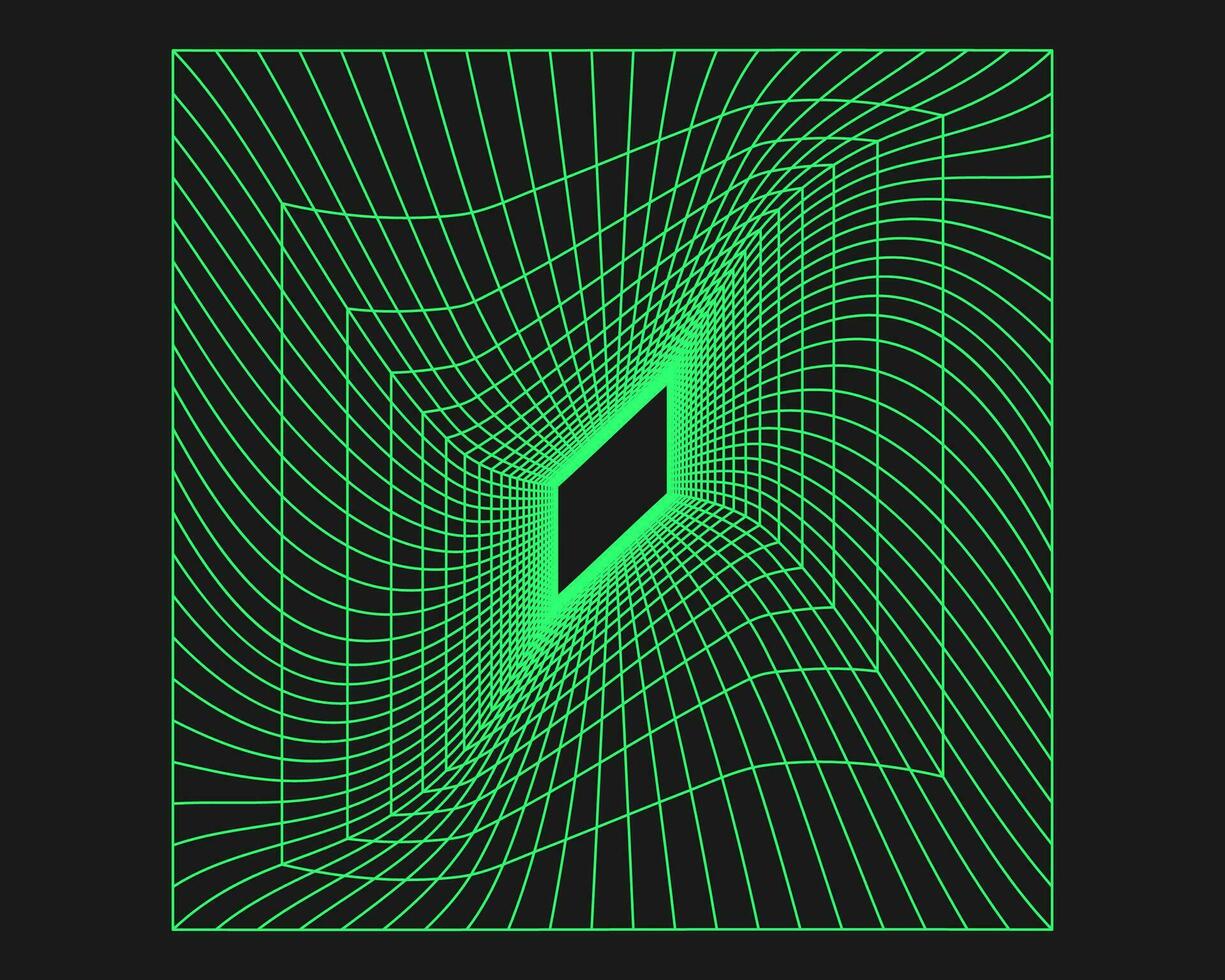 Cyberpunk perspective tunnel. Cyber geometry y2k element. Isolated style on black background. Vector trendy illustration.