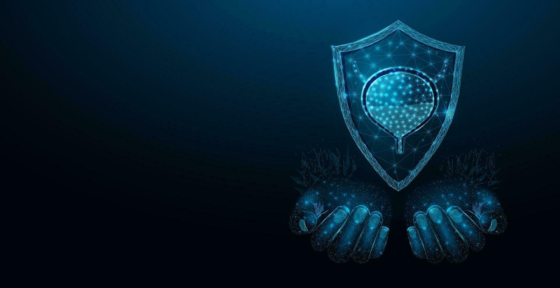 Two human hands are holds human bladder in shield. Medical concept, bladder cancer, cystitis, human excretory system. Wireframe low poly style. Abstract vector illustration on dark blue background.