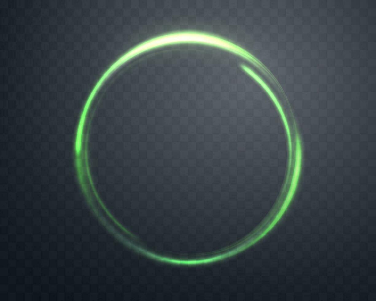 Green magic ring with glowing. Neon realistic energy flare halo ring. Abstract light effect vector illustration.