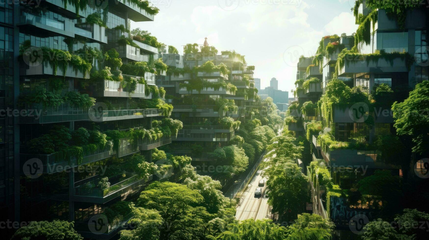 AI generated Green Building. A structure adorned with a living wall of plants, blending nature and urban environment. Suitable for urban greening promotions and food blogs photo