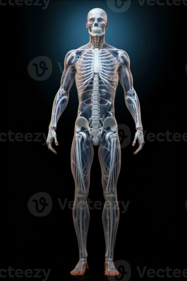 AI generated A close-up view of a human skeleton model showcasing the intricate bone structure and design. Ideal for educational and medical purposes photo