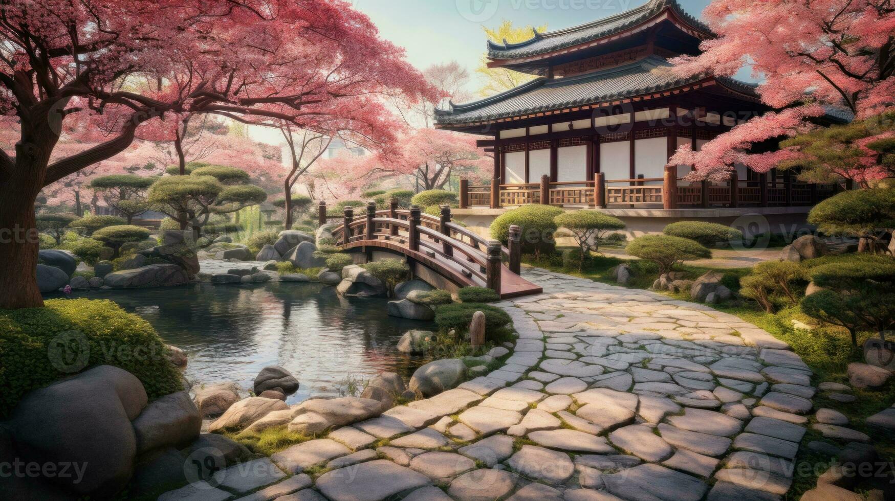 AI generated Beauty of a Japanese garden, where cherry blossoms bloom, flows clear river, a stone path leads to a tea house. The harmony of nature and architecture is the backdrop photo