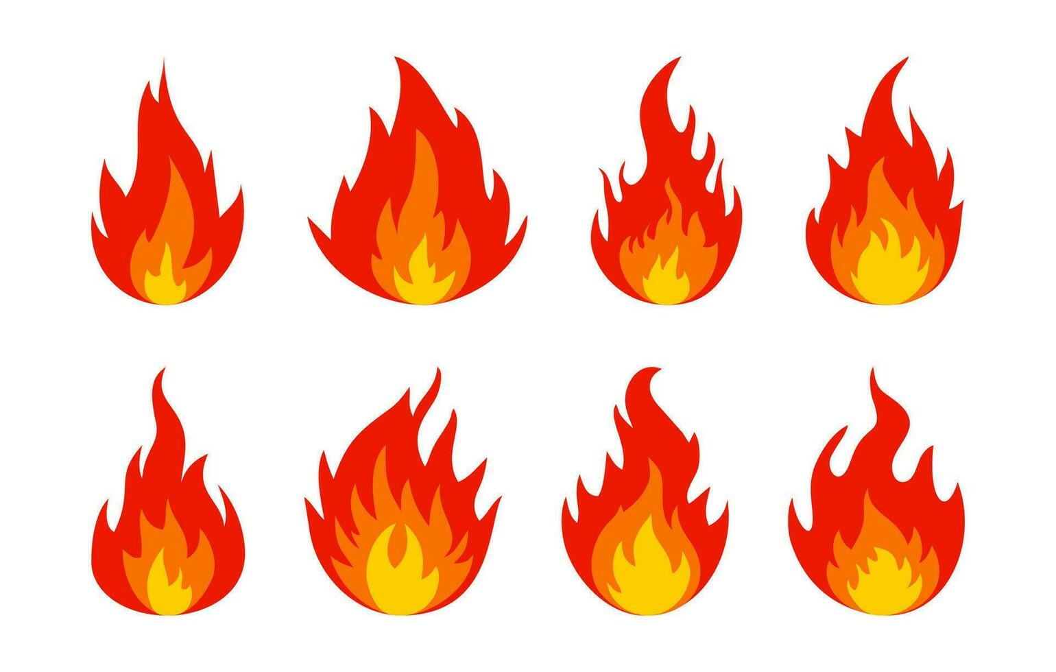 Fire icons. Set of bright burning flame and bonfire icons. Burn sign collection. Vector illustration