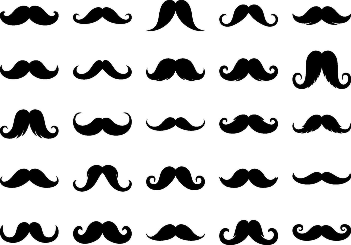 Different mustache icon collection. Vintage male moustaches silhouette, funny black retro gentleman moustaches. Hipster man element. Men grooming, haircare, shaving barber service. vector