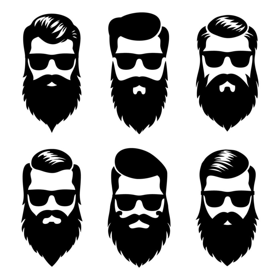 Set bearded hipster men faces with glasses, different haircuts, mustaches, beards. Trendy man avatar, silhouettes, heads, emblems, icons, labels. Barber shop vector illustration