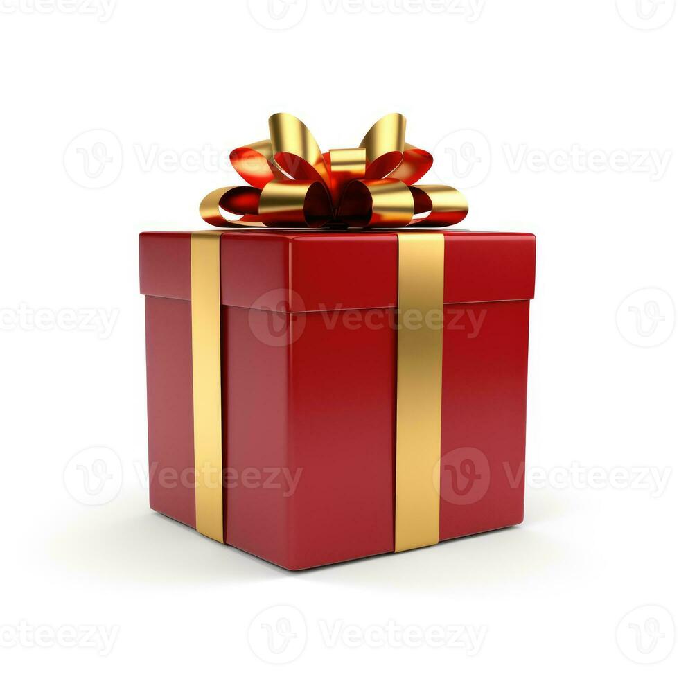 AI Generated Birthday gift, Christmas gift, red box with gold bow on white background. photo