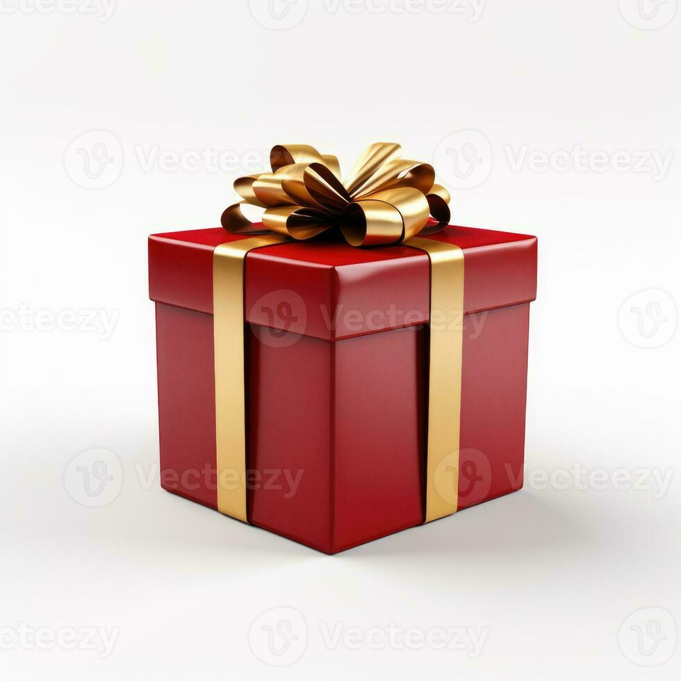 AI Generated Birthday gift, Christmas gift, red box with gold bow on white background. photo