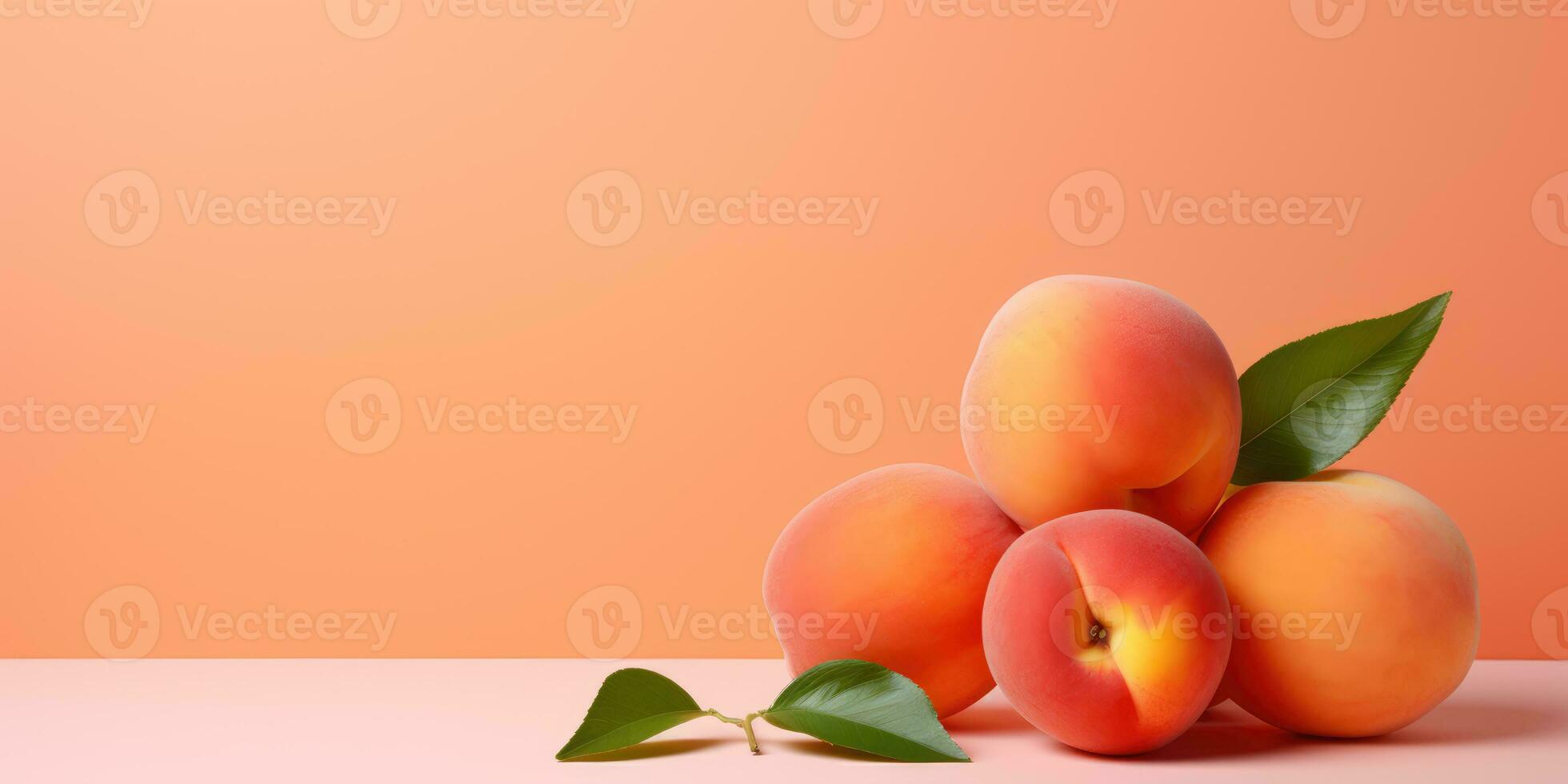 AI Generated AI generation. Fresh ripe peaches with green leaves on pink background. Color of year. photo