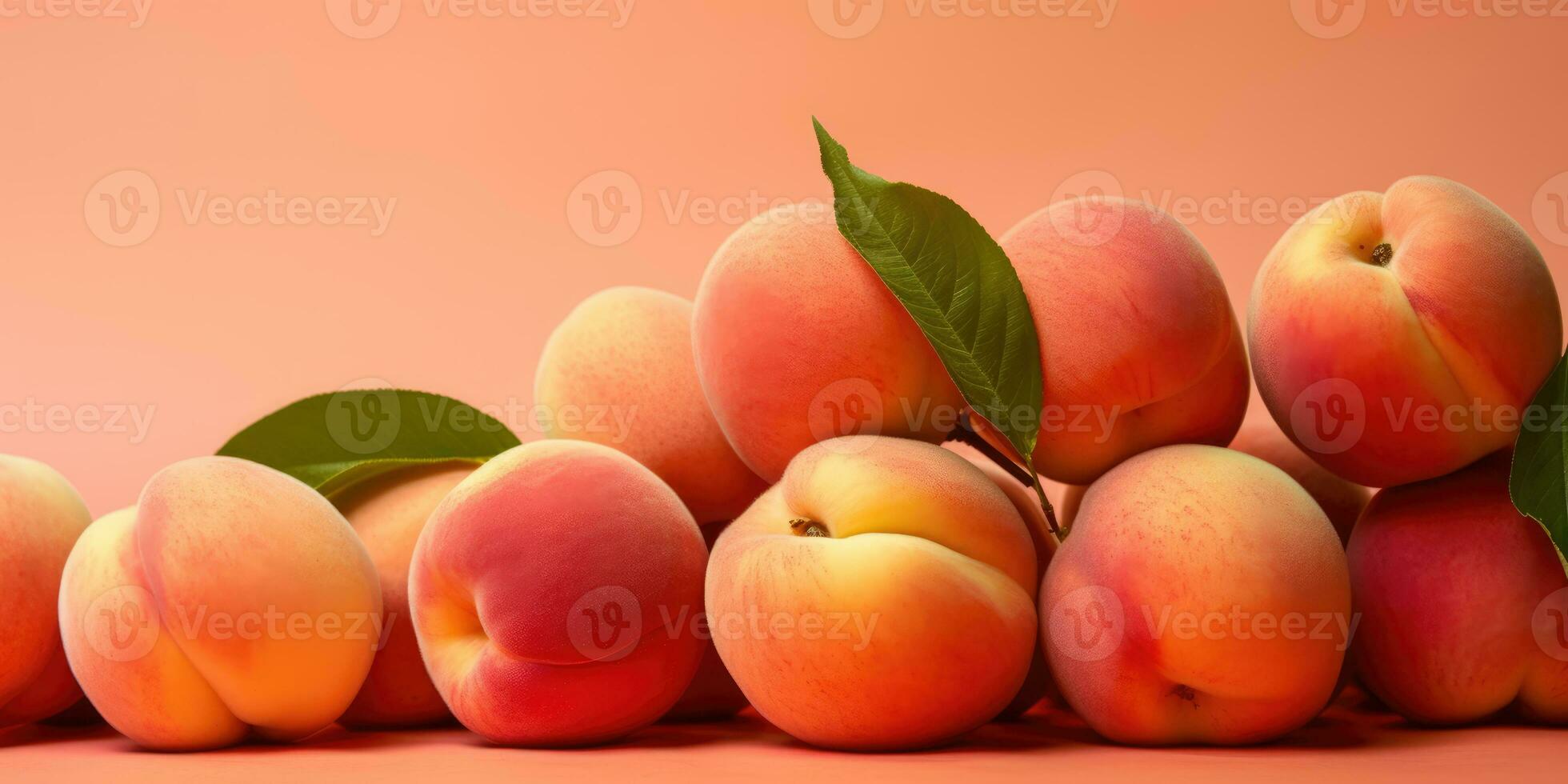 AI Generated AI generation. Fresh ripe peaches with green leaves on pink background. Color of year. photo