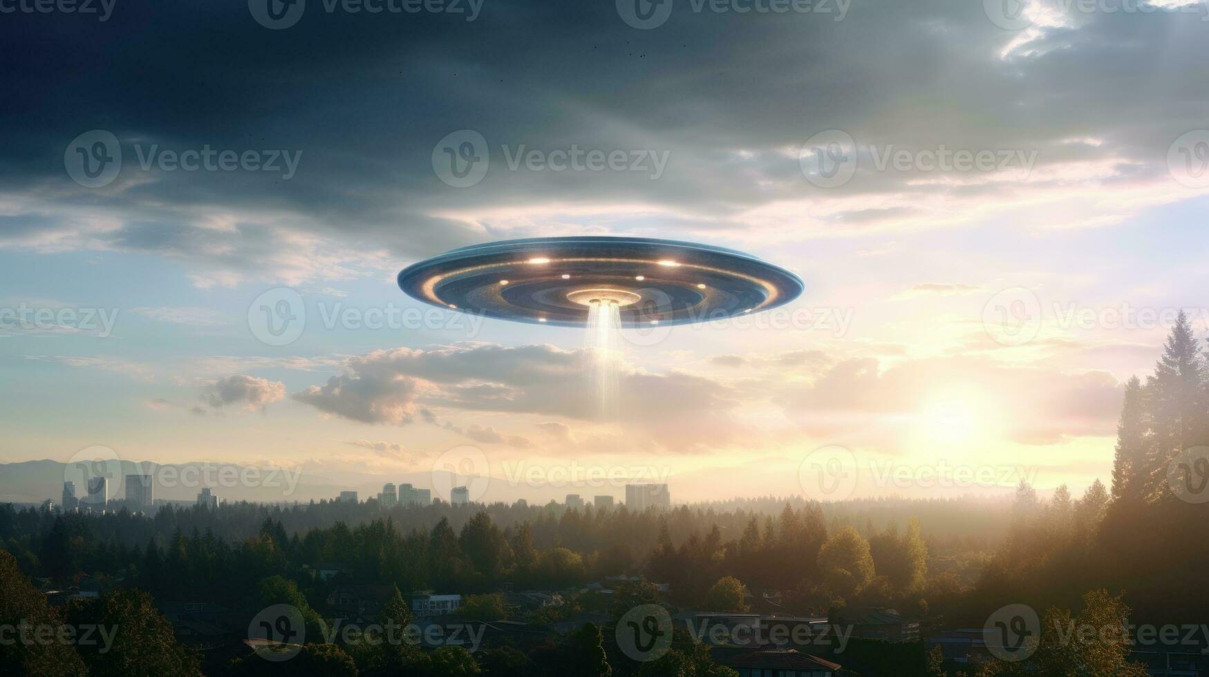 AI generated A large UFO hovers over a cityscape at daytime. Futuristic alien spaceship. Copy space. Ideal for projects exploring extraterrestrial themes, science fiction, and unknown. Sci-fi concept photo