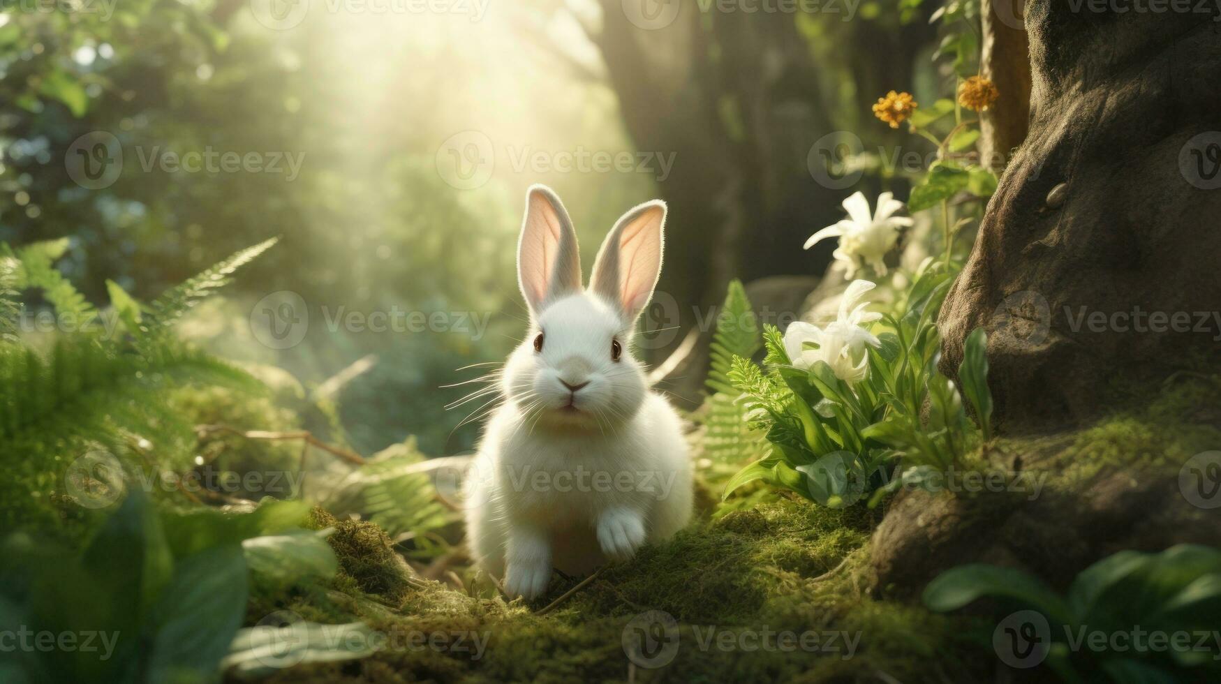 AI generated A white rabbit in a green forest with sunlight filtering through the trees. Ideal for nature-themed content photo