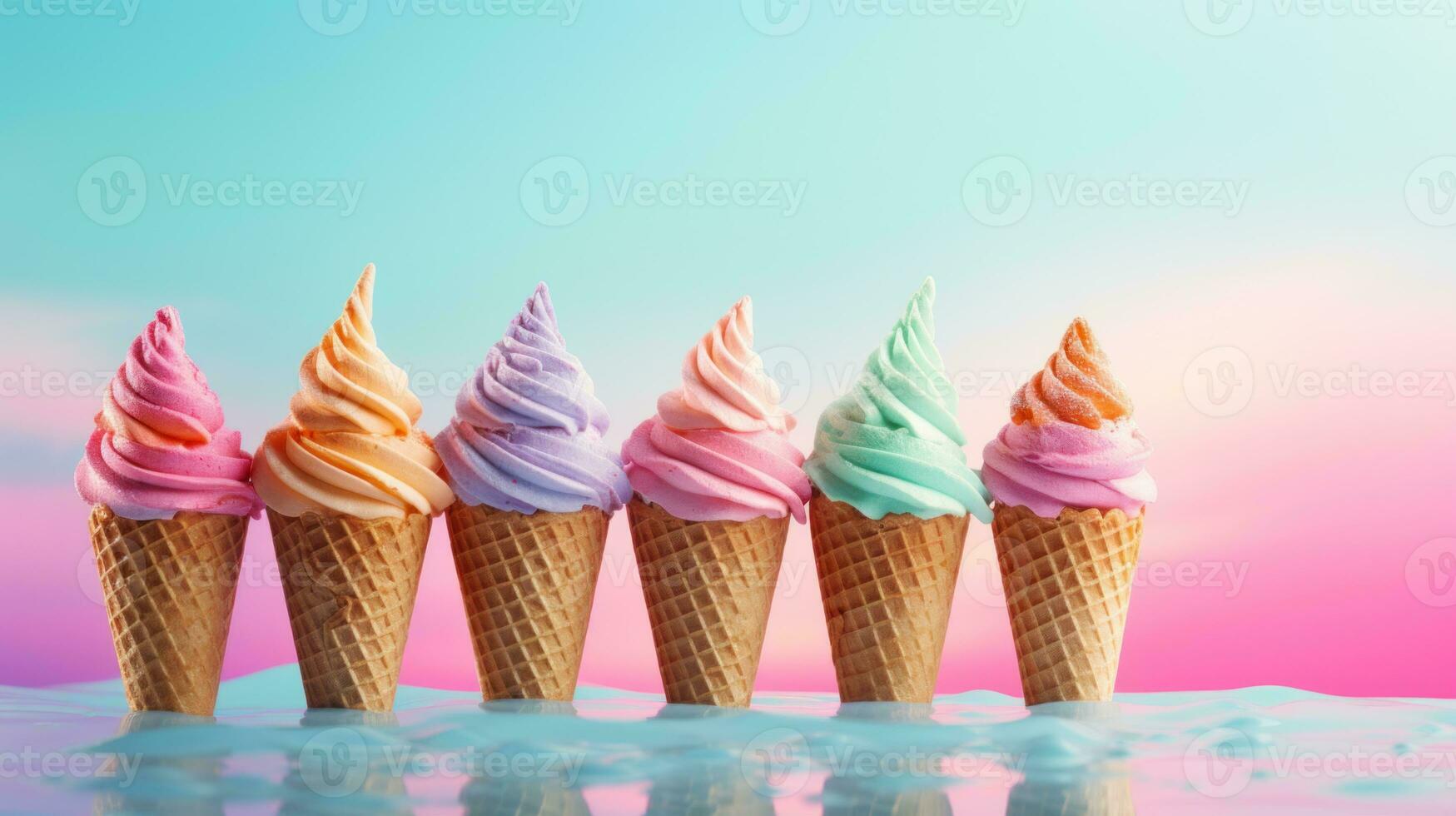 AI generated Five different flavored ice creams in cones against a gradient pink-blue background. With copy space. Ideal for dessert menus, promotions, advertising sweet treats, food blogs photo