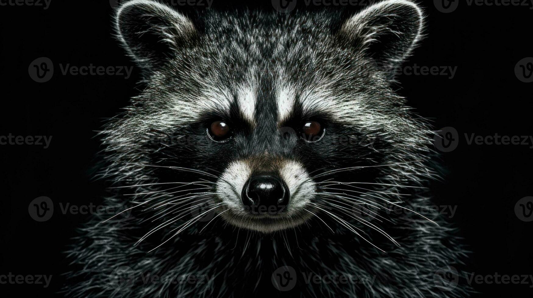 AI generated Close-up of raccoon s face, showing detailed fur texture and intense eyes, isolated on black background. Ideal for wildlife and nature themes, educational content, environmental photo