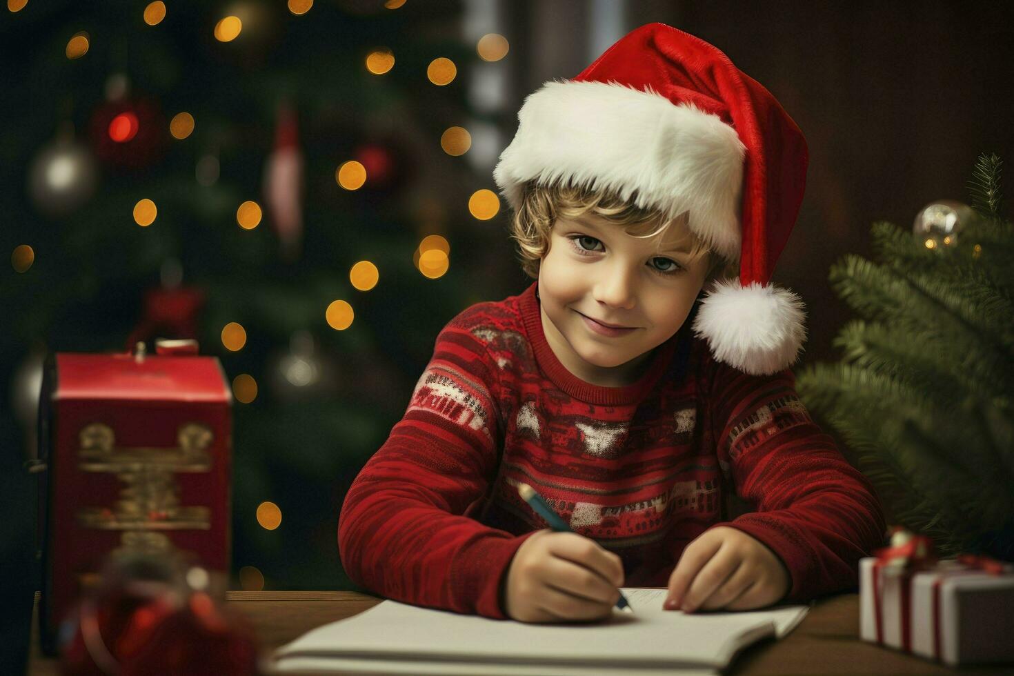 AI generated Little european boy writing letter to Santa, wish list of presents for Christmas in decorated room photo