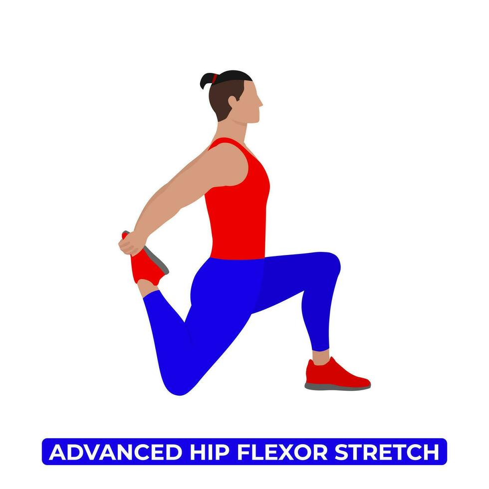 Vector Man Doing Advanced Hip Flexor Stretch. Lunge Stretch. An Educational Illustration On A White Background.