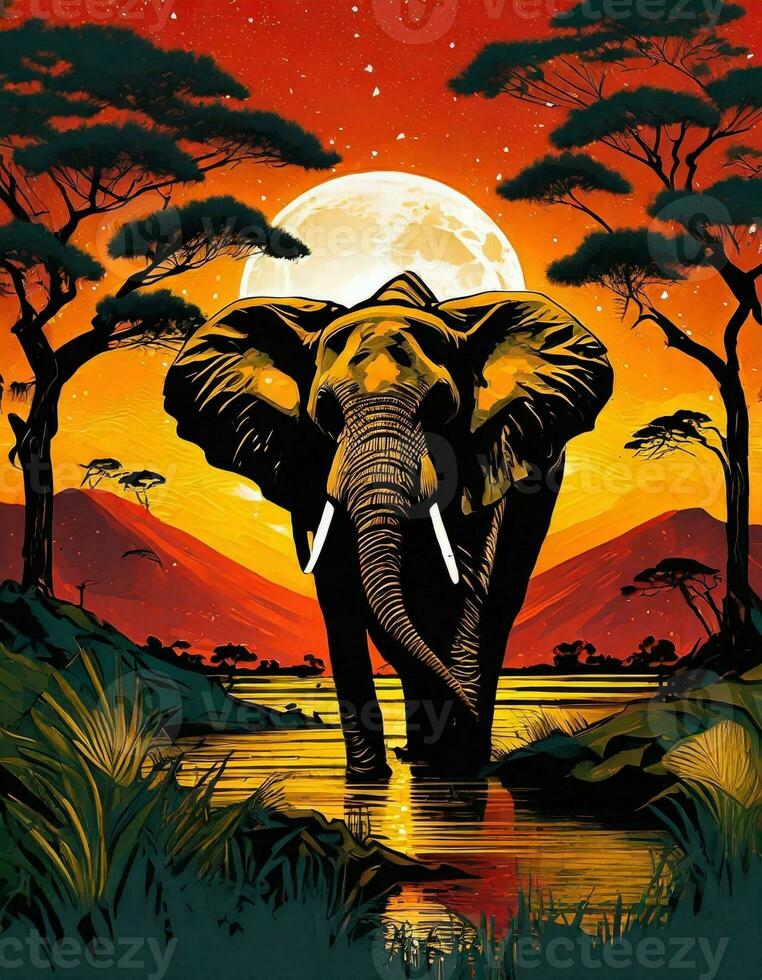 AI generated Art life of animal elephant in nature, block print style photo