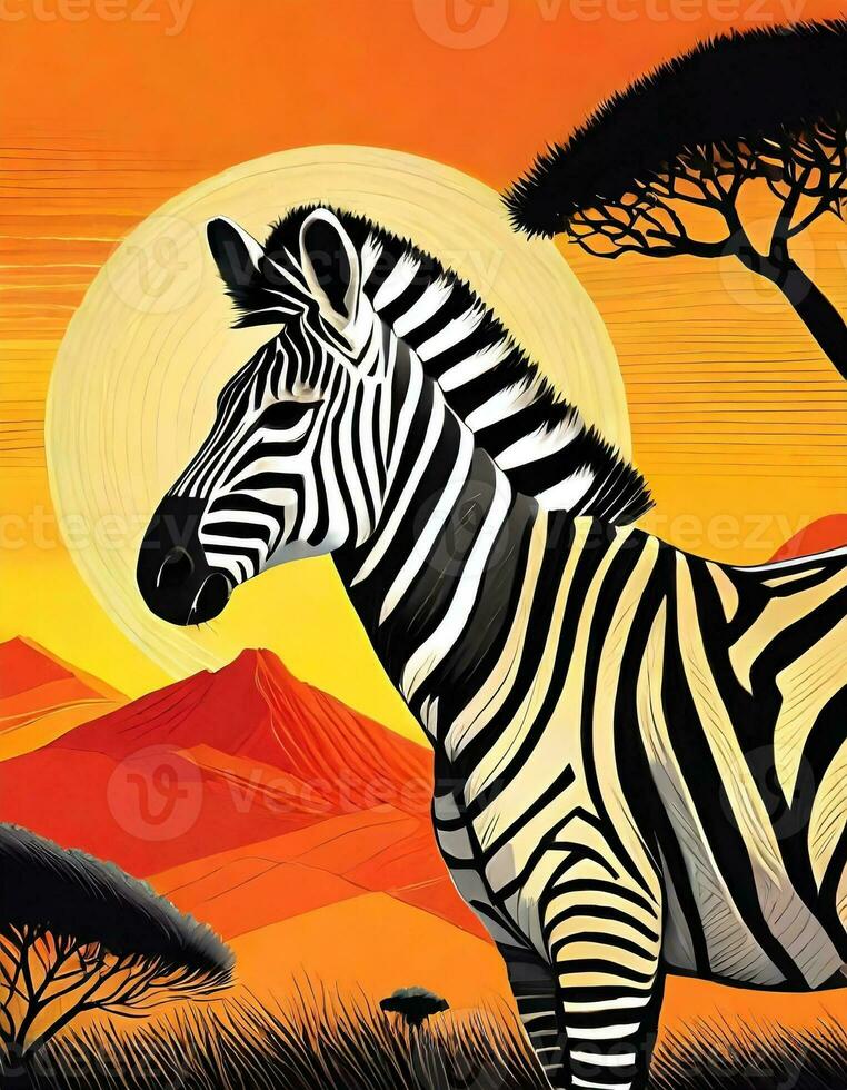 AI generated Art life of zebra in nature, block print style photo