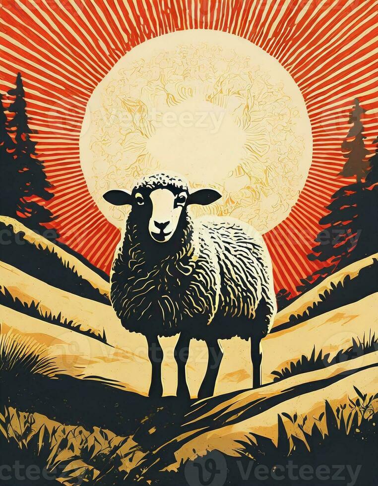 AI generated Art life of sheep in nature, block print style photo