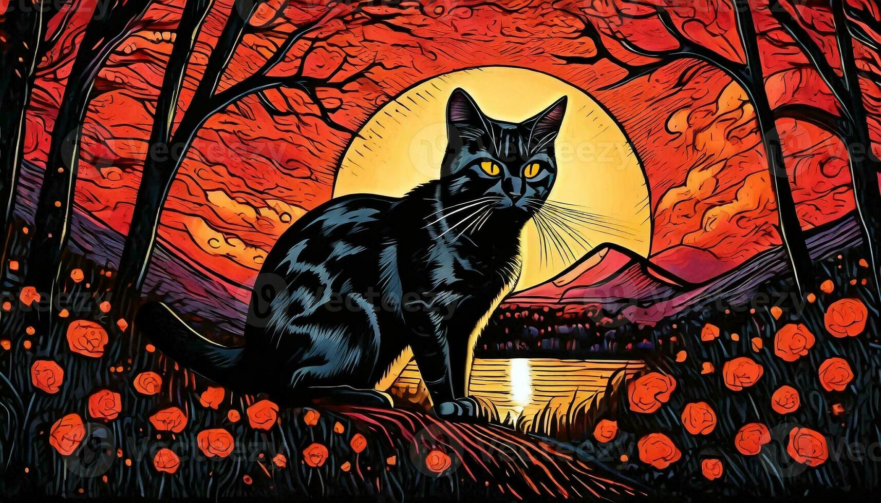 AI generated Art life of animal cat in nature, block print style photo