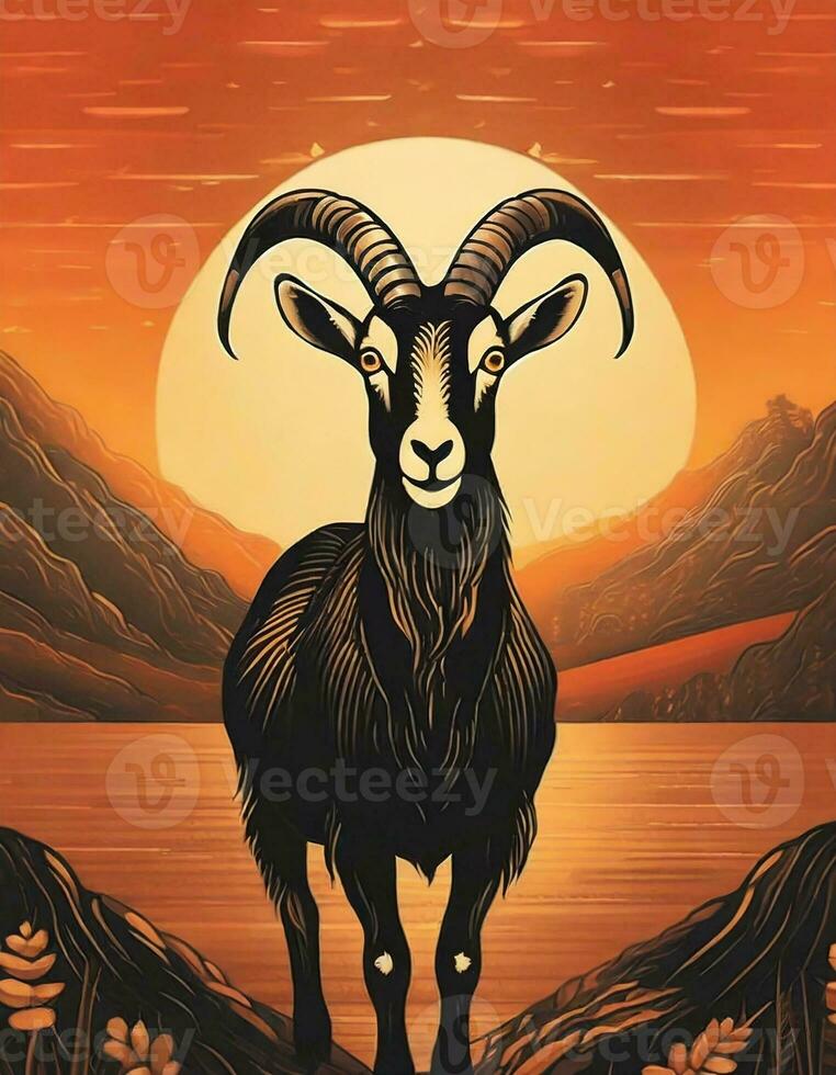 AI generated Art life of goat in nature, block print style photo