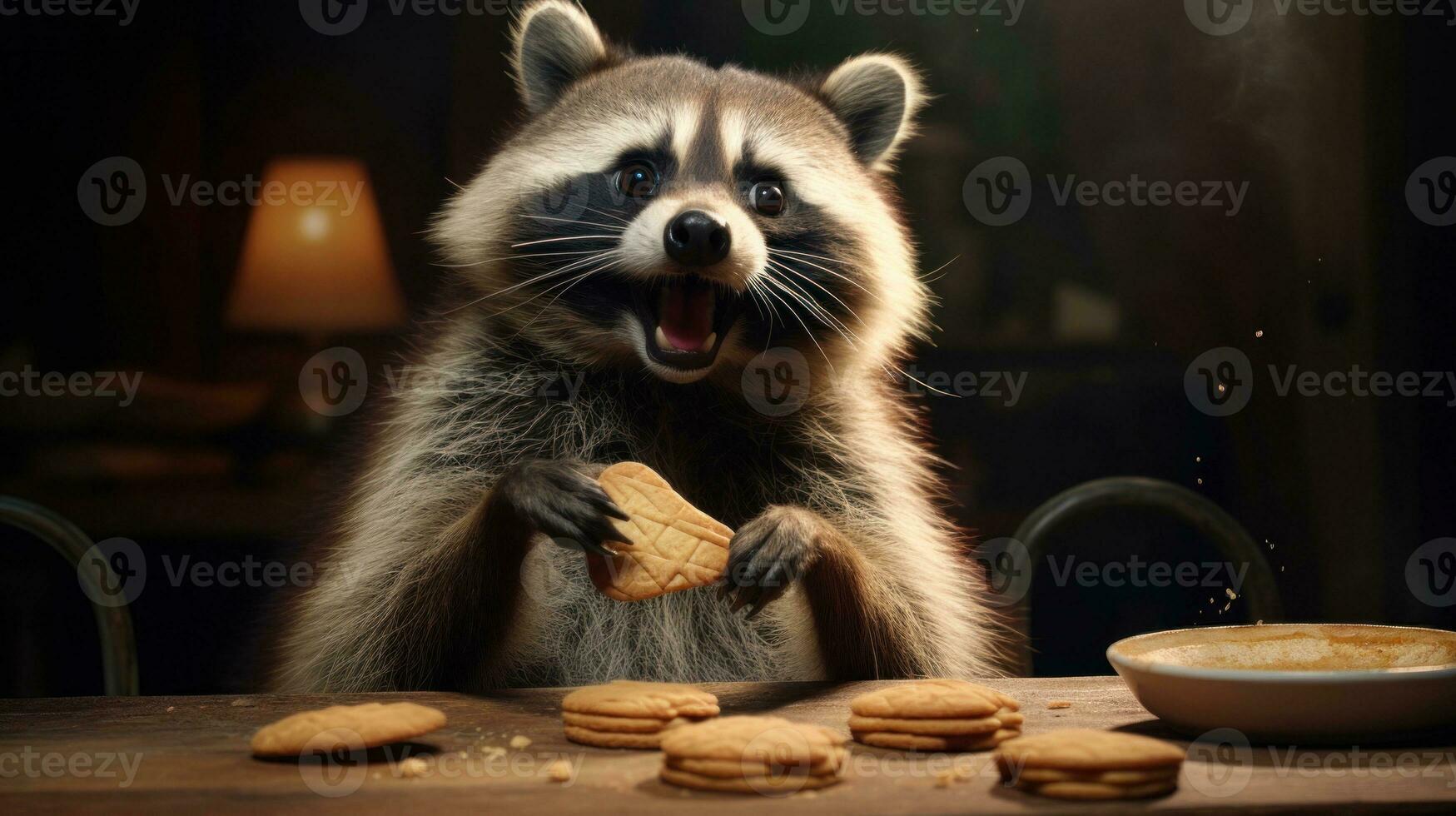 ai generado mapache con galletas, mirando sorprendido y curioso. oscuro antecedentes. ideal para mascota comida anuncios, humorístico contenido, para niños libro ilustraciones, foto