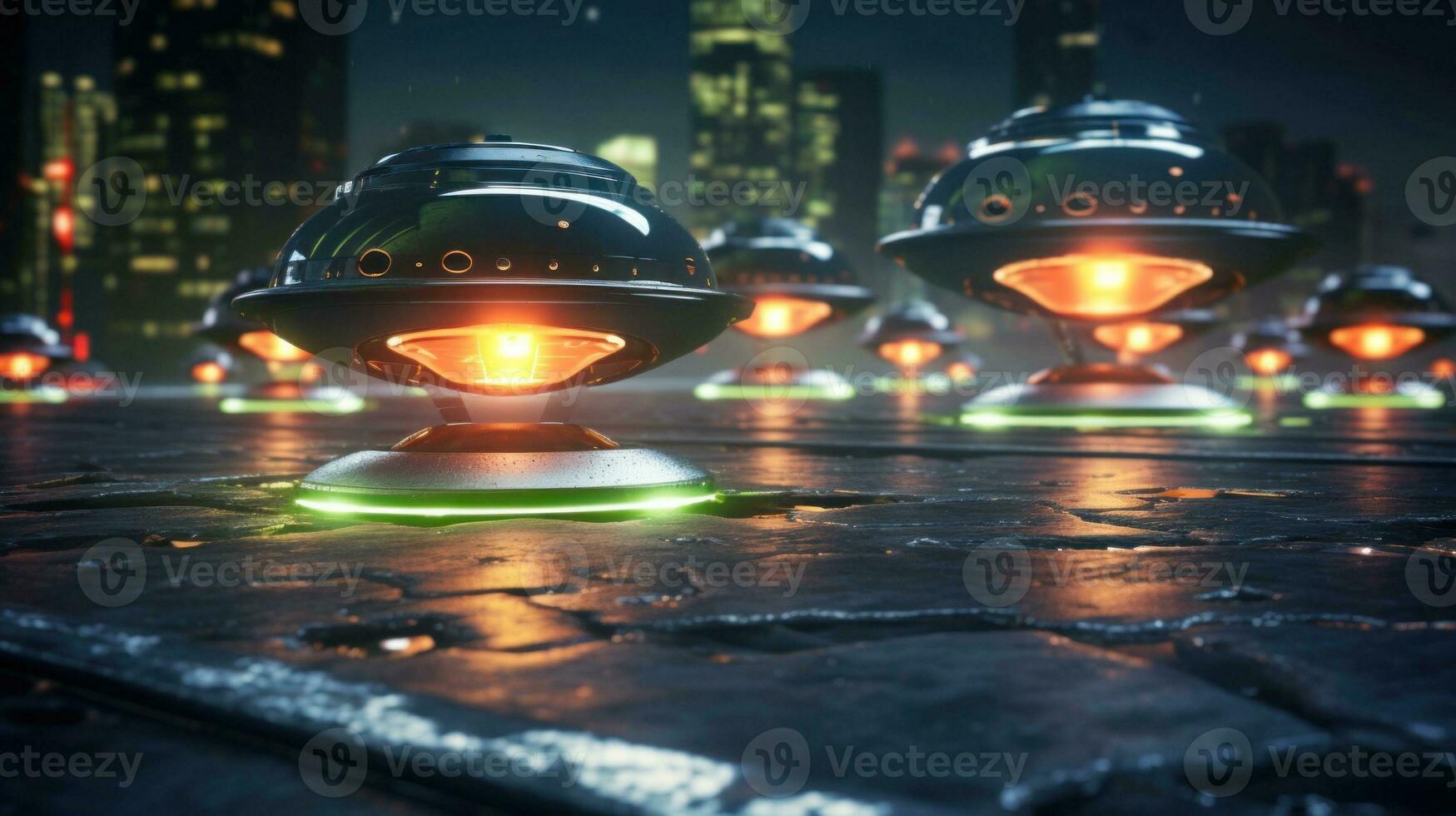 AI generated Multiple glowing UFOs on a city street at night. The dark silhouettes of tall buildings add to the mysterious atmosphere. Perfect for science fiction or fantasy visuals photo