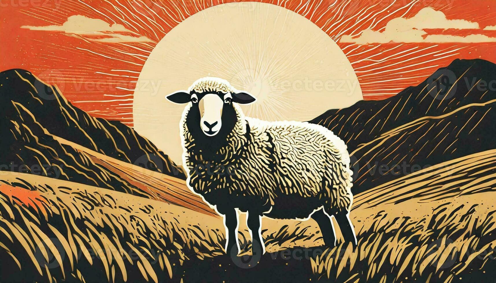 AI generated Art life of sheep in nature, block print style photo