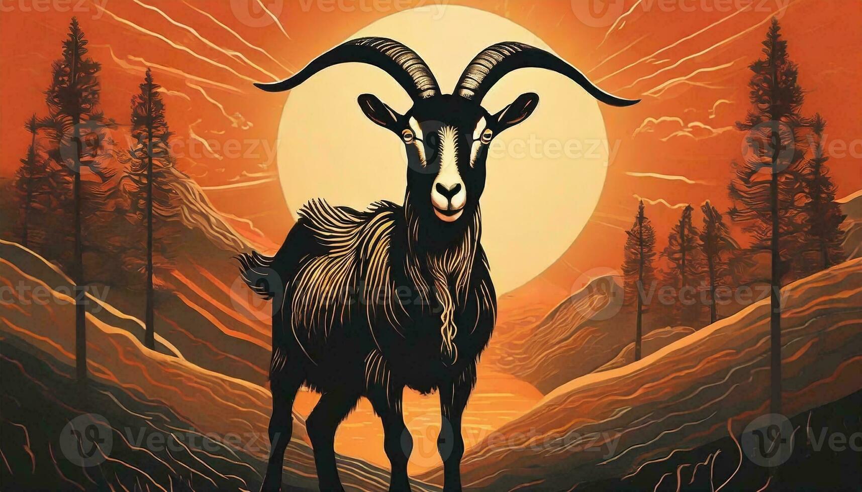 AI generated Art life of goat in nature, block print style photo