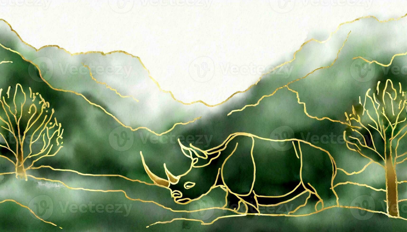 AI generated Art life of rhino in nature, block print style photo