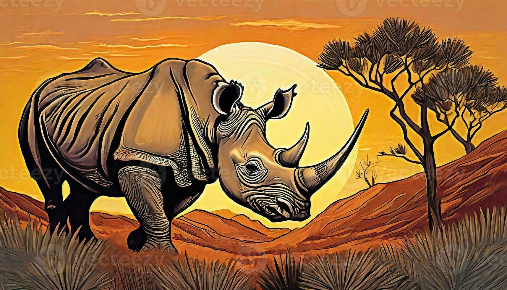 AI generated Art life of rhino in nature, block print style photo