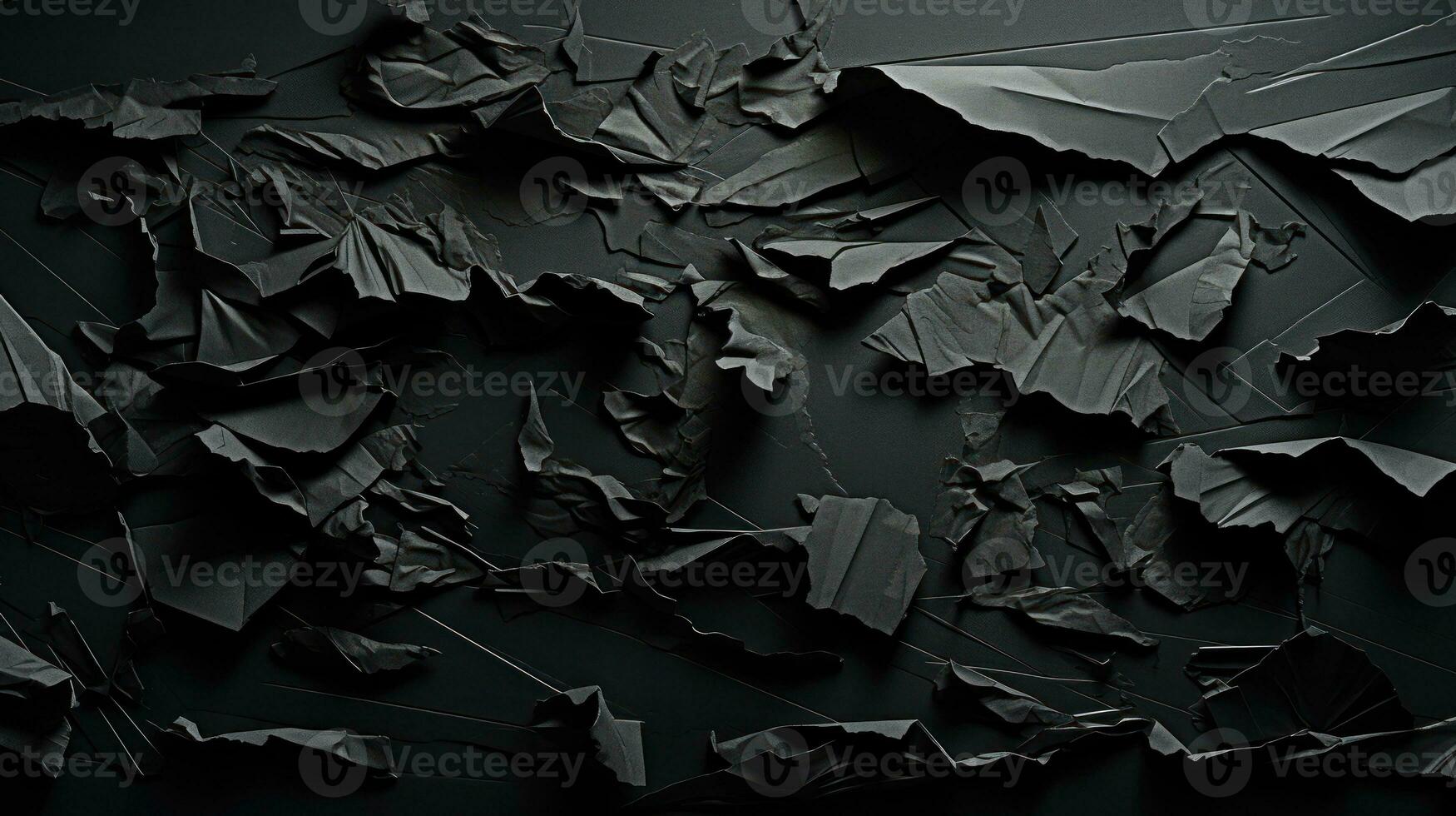 AI generated A collection of torn and crumpled dark paper sheets, creating a textured look. Perfect for graphic design elements, textures or creative backgrounds photo