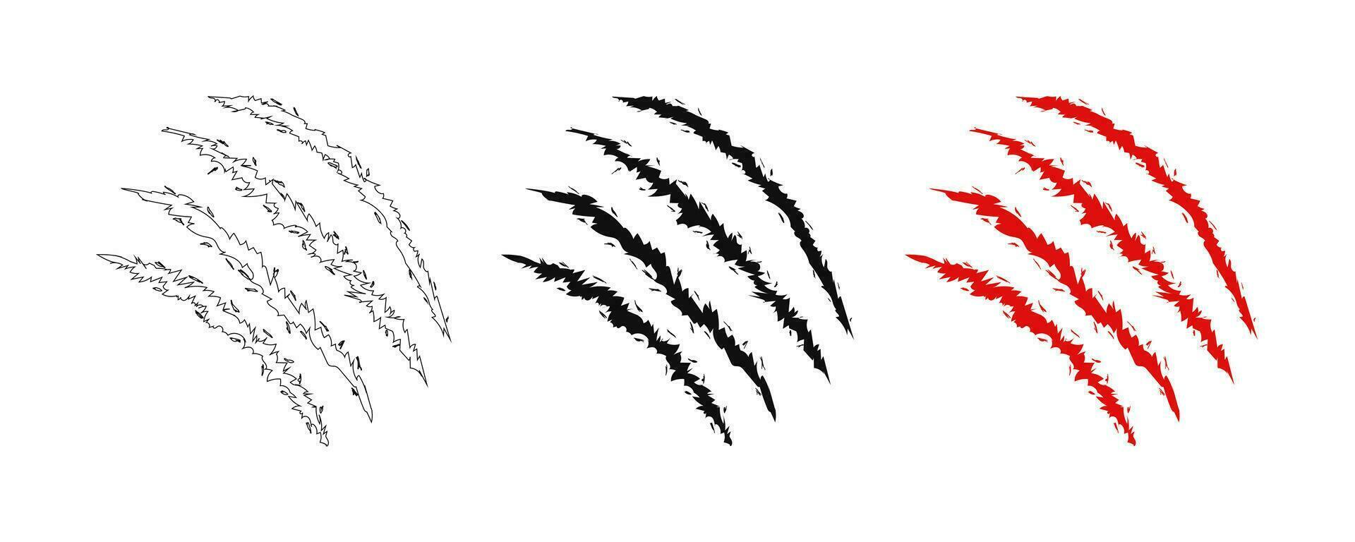 Animal claw scratches and marks. Set. Black and red bloody silhouettes and outline. Icon, flat. Vector isolated on white background. Scratches from a cat, tiger, lion, dog, jaguar, bear, puma, leopard