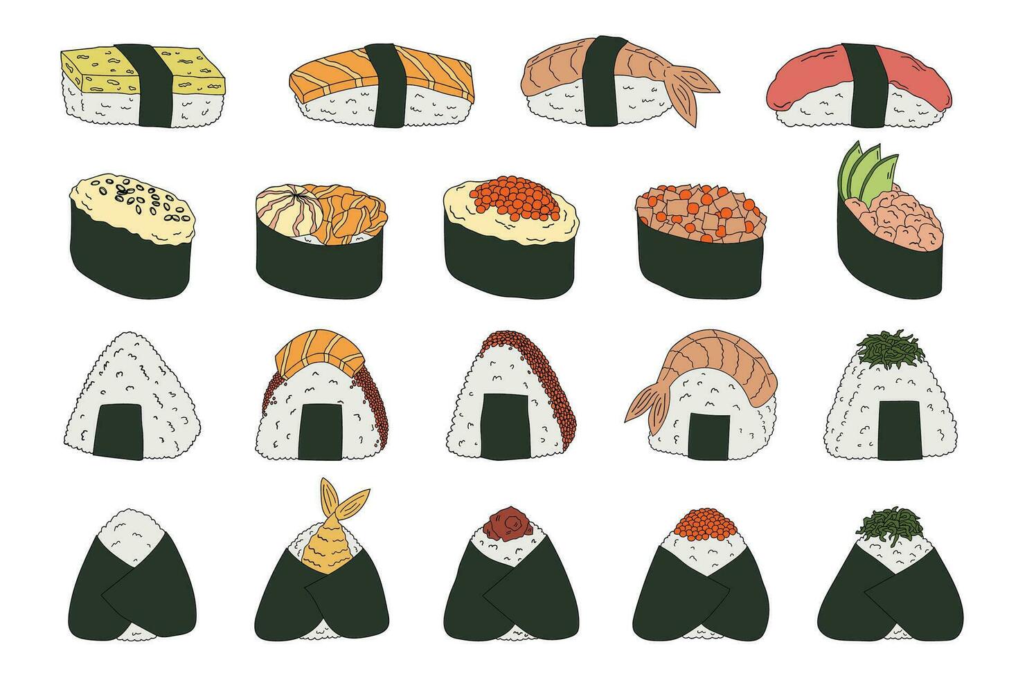 Hand drawn sushi and onigiri. Japanese traditional cuisine dishes. Asian food clipart set vector