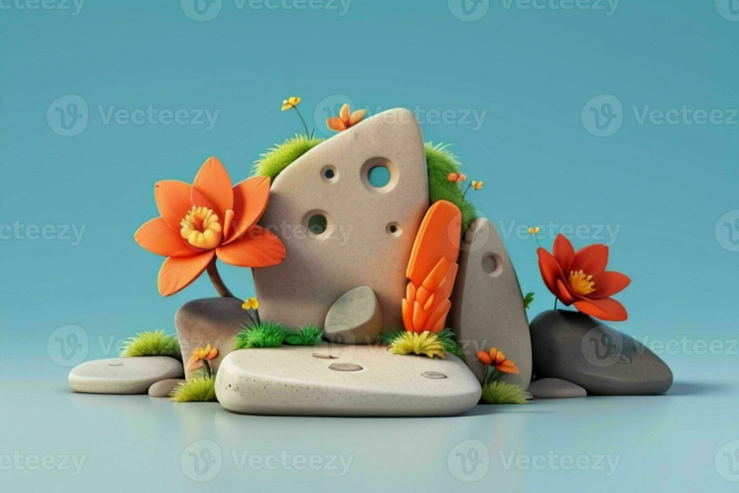 AI generated 3D display podium stone with flowers, green leaves, and rock for Presentation of the product. Pro Photo