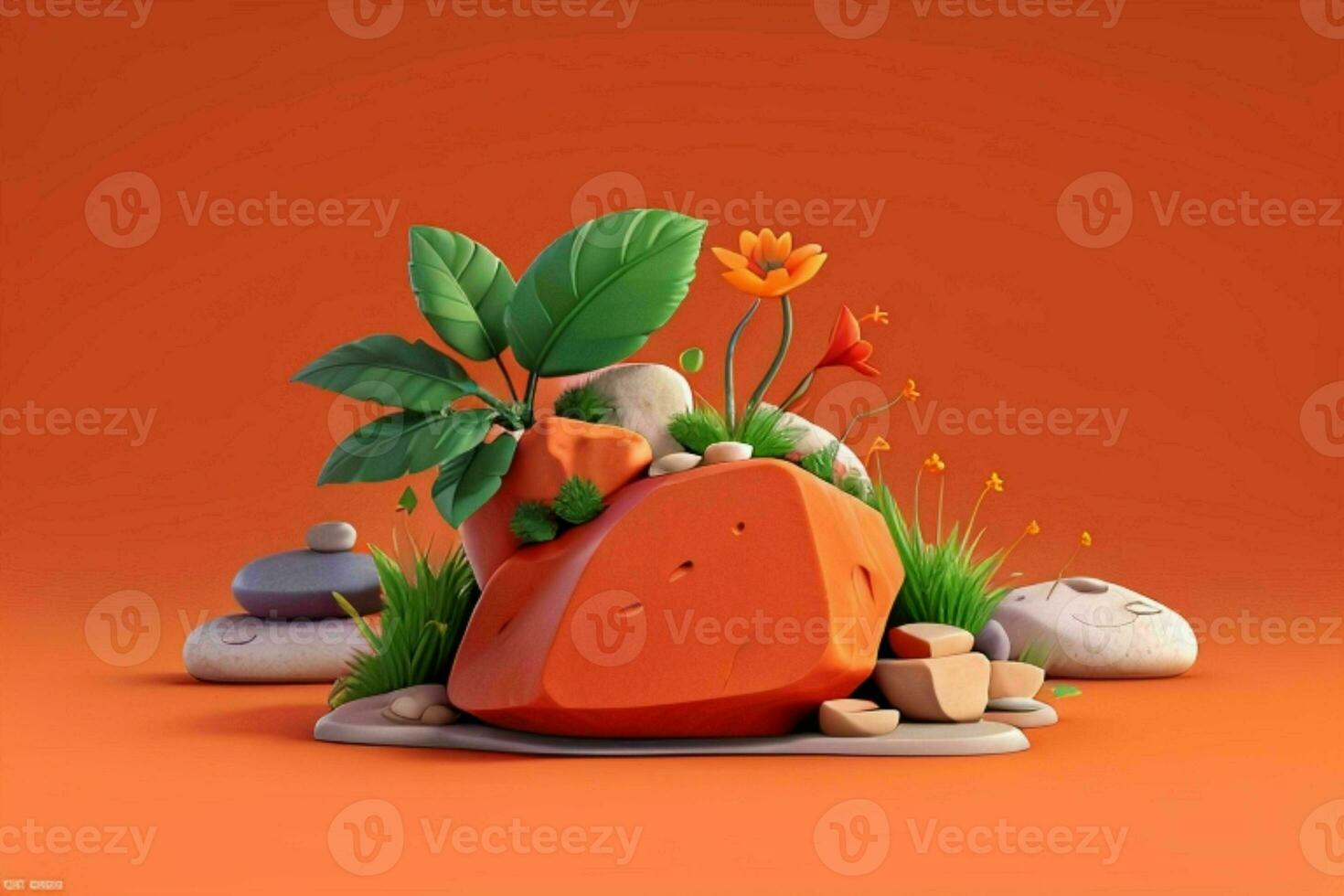 AI generated 3D display podium stone with flowers, green leaves, and rock for Presentation of the product. Pro Photo