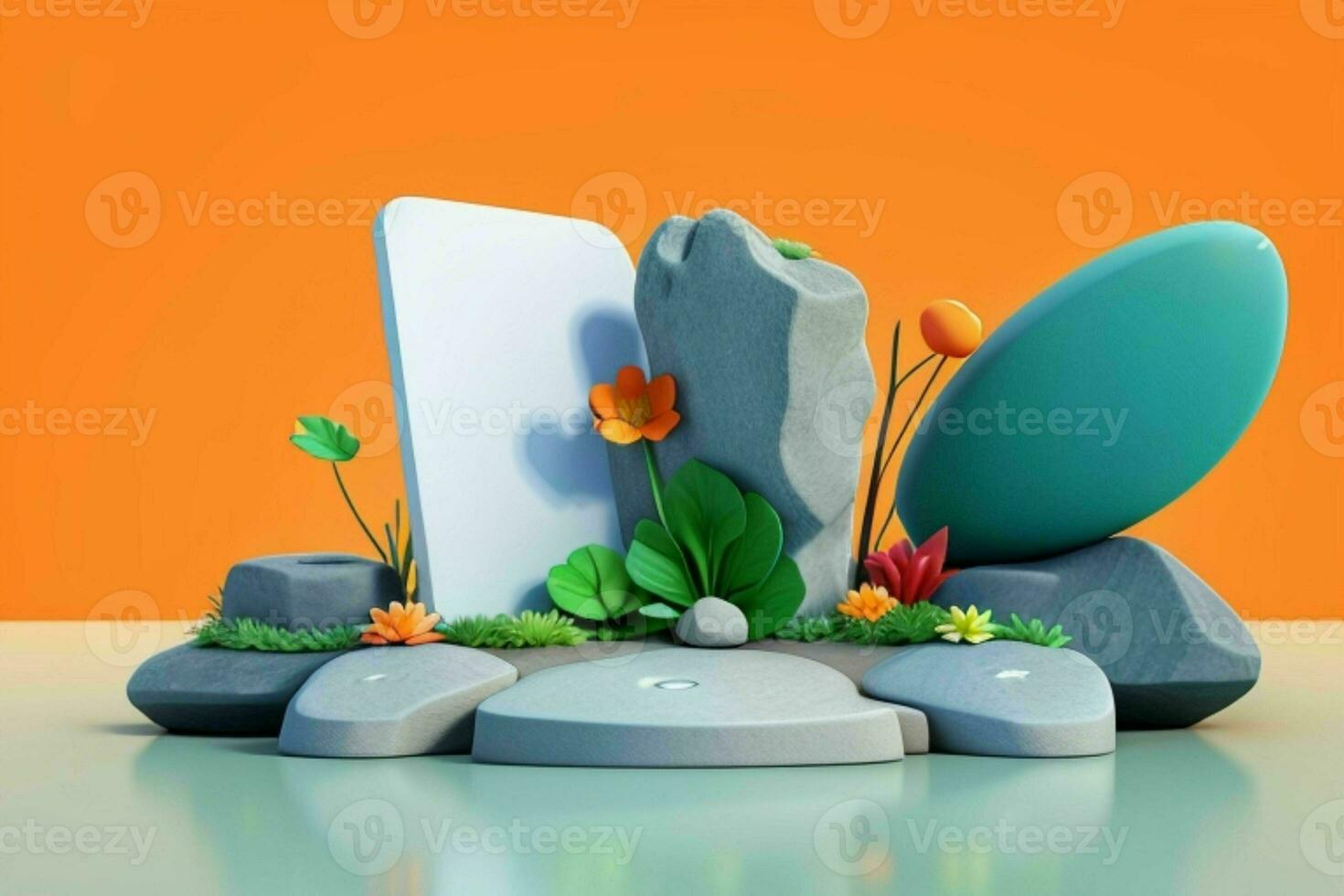 AI generated 3D display podium stone with flowers, green leaves, and rock for Presentation of the product. Pro Photo