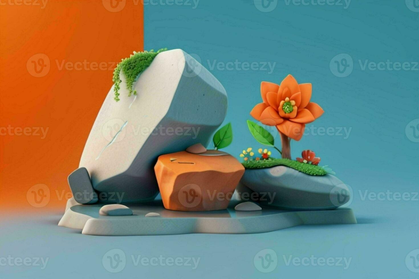 AI generated 3D display podium stone with flowers, green leaves, and rock for Presentation of the product. Pro Photo