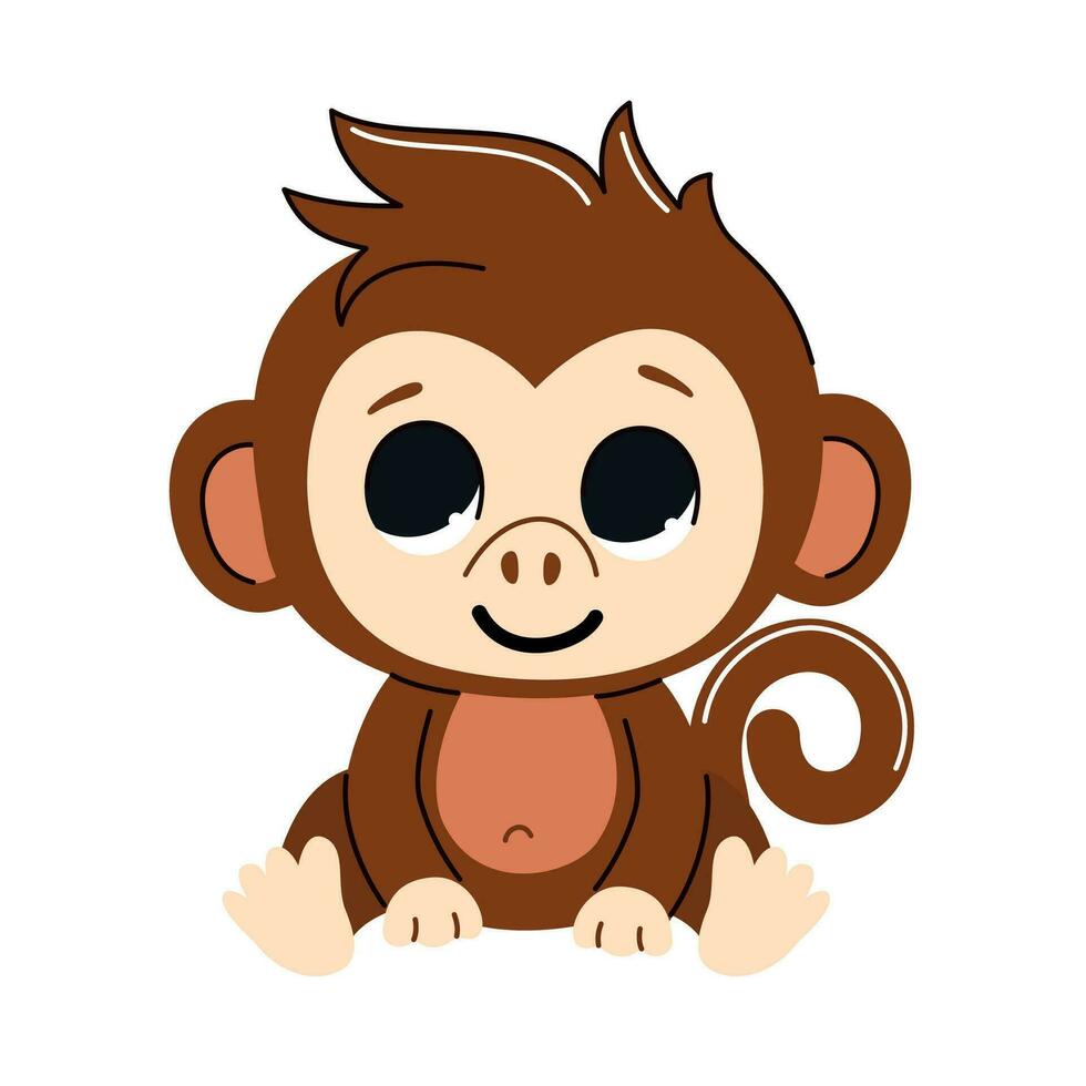 Cute monkey sitting. Baby vector illustration in trendy flat style.