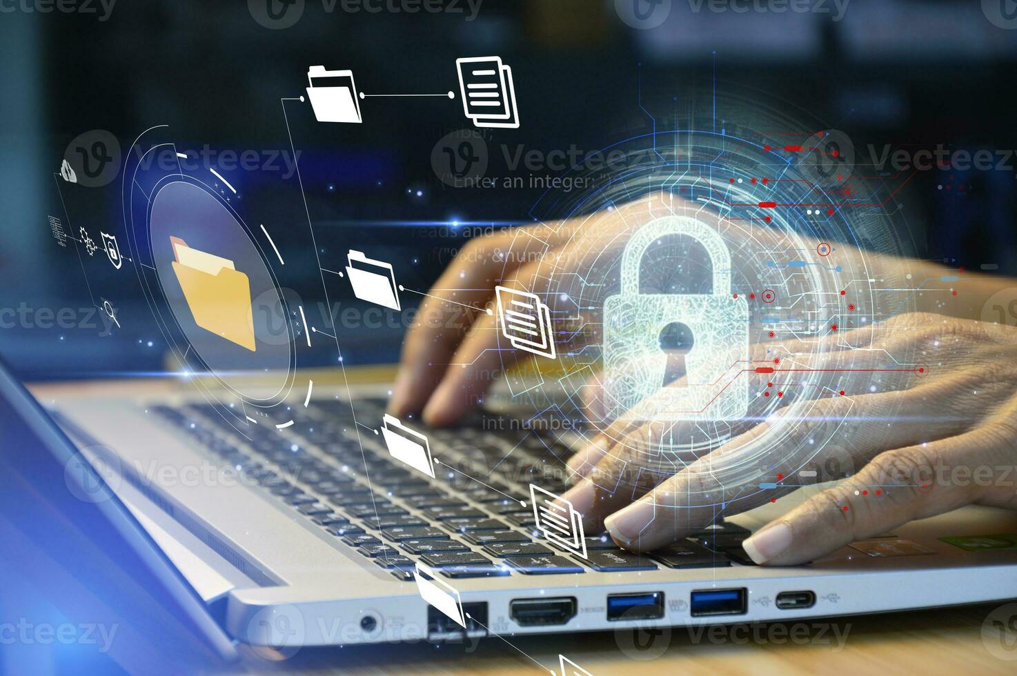 cybersecurity concept, user privacy security and encryption, secure internet access Future technology and cybernetics, screen padlock. photo