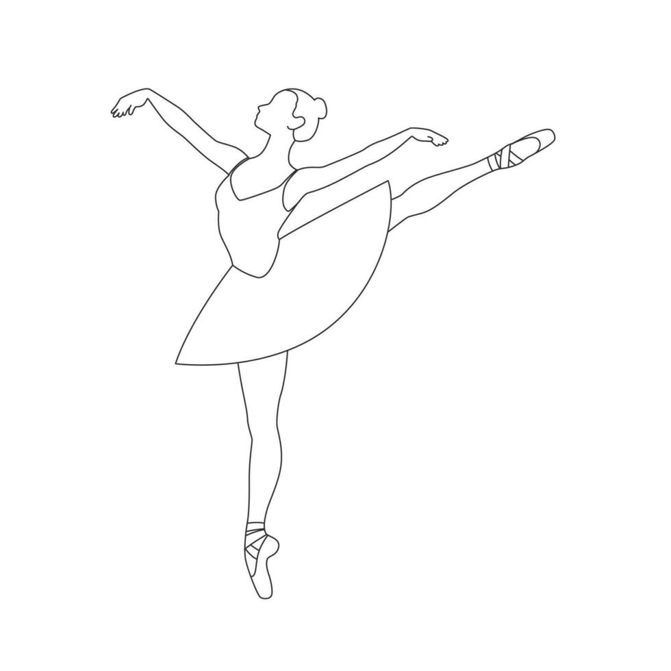 hermosa ballet bailarín es posando, joven agraciado mujer ballet bailarín, joven bailarina en pie en ballet poses línea Arte vector