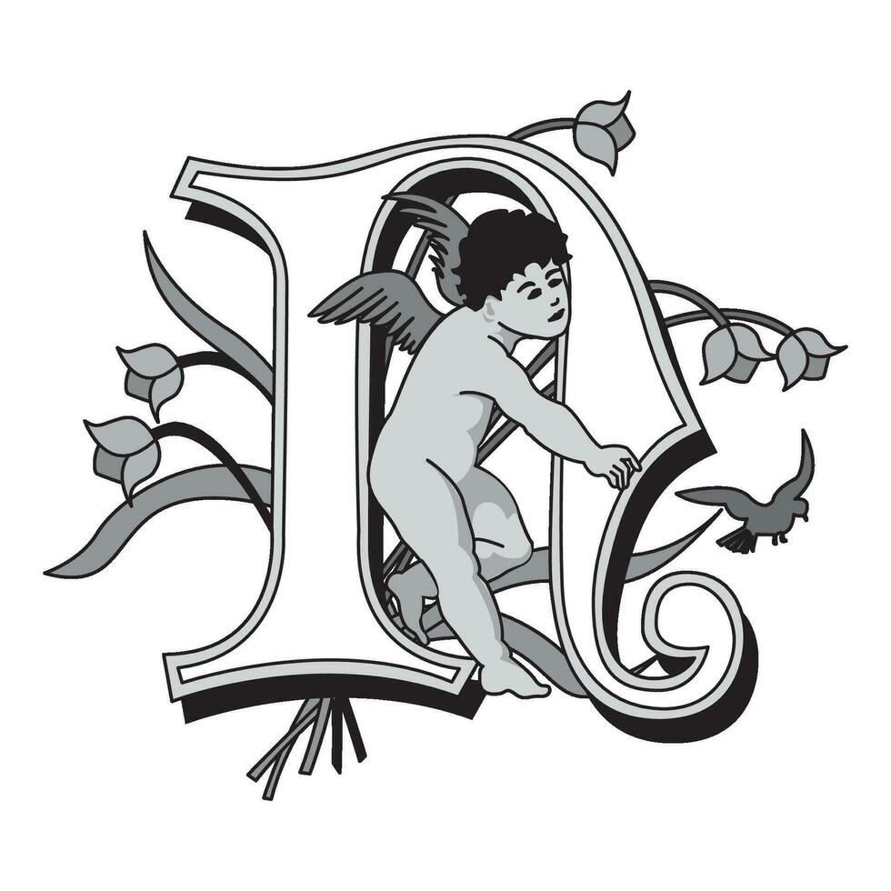 Cherubs Initial Caps Font Capital Letter N vector design