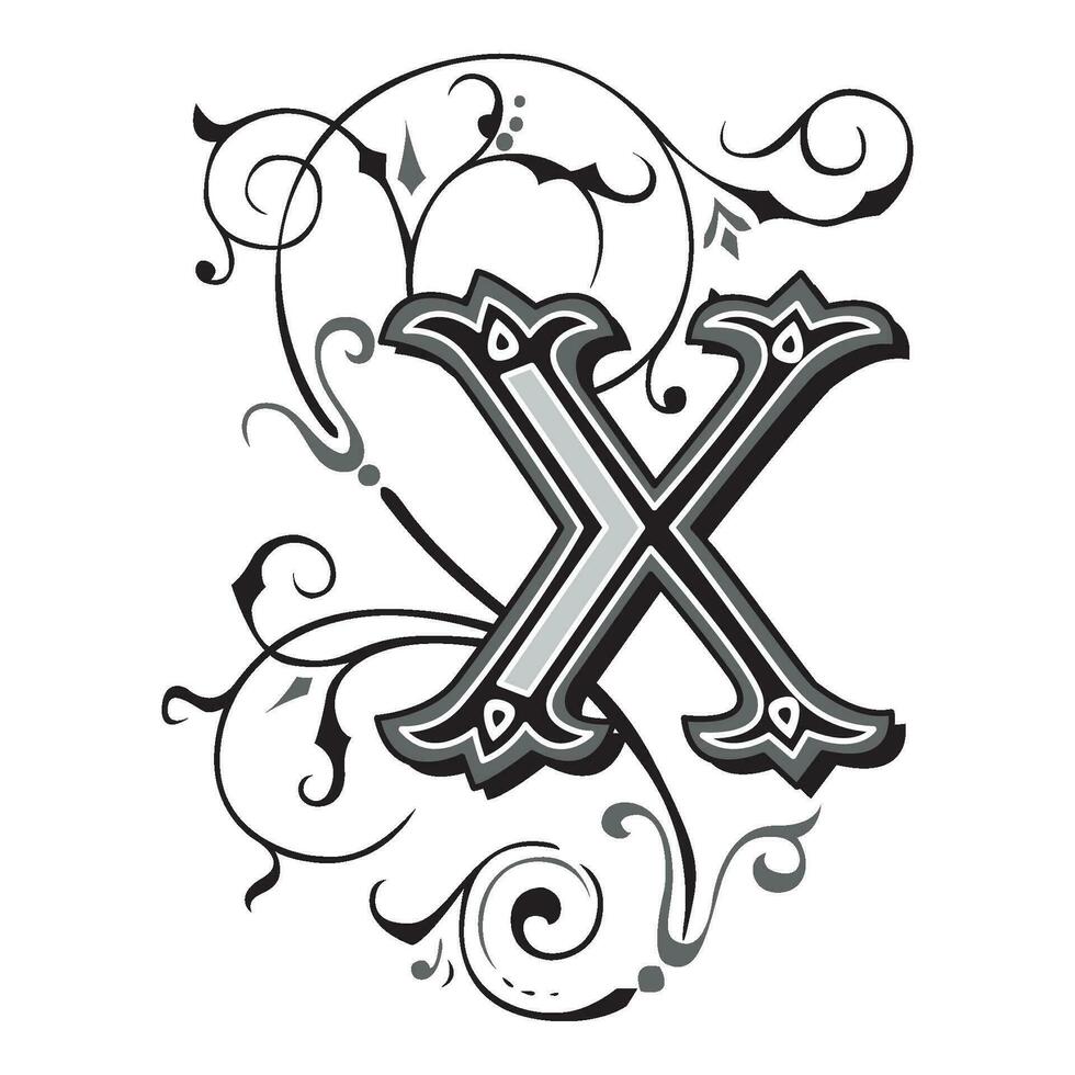 Arte toscano inicial tapas fuente capital letra X vector diseño