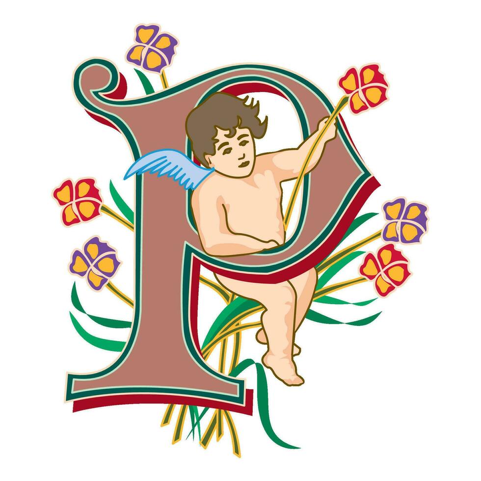 Cherubs Initial Caps Font Capital Letter P vector design