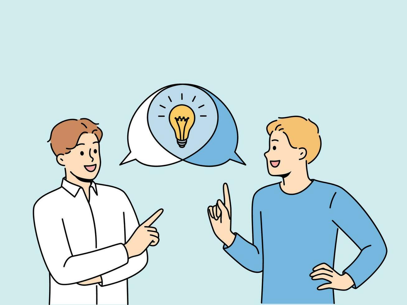 Man is doing joint brainstorming session, discussing ideas for making money, standing near speech bubbles with light bulb. Teamwork of student guys using brainstorming to find consensus vector